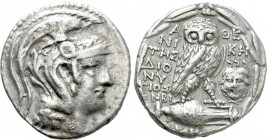 ATTICA. Athens. Tetradrachm (130-129 BC). New Style Coinage. Niketes, Dionysios and Embi-, magistrates. 

Obv: Helmeted head of Athena right, helmet...