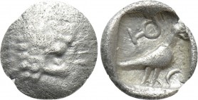 WESTERN ASIA MINOR. Uncertain (Mylasa in Caria?). Tetartemorion (5th century BC). 

Obv: Head of lion right.
Rev: Bird standing right; crescent to ...