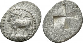 BITHYNIA. Kalchedon. Trihemiobol (Circa 340-320 BC). 

Obv: Bull standing left, grain ear below.
Rev: KA. 
Quadripartite incuse punch.

SNG Blac...