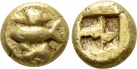MYSIA. Kyzikos. EL Hemihekte or 1/12 Stater (Circa 600-550 BC). 

Obv: Tunny right; above, tail of tunny left; below, head of tunny left.
Rev: Quad...