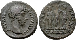 THRACE. Augusta Trajana. Lucius Verus (161-169). Ae. 

Obv: ΑV ΚΑΙ Λ ΑVΡΗ ΟVΗΡΟϹ. 
Bare head right.
Rev: ΑVΓΟVϹΤΗϹ ΤΡΑΙΑΝΗϹ. 
The three graces (C...