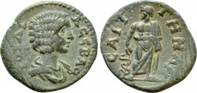 LYDIA. Saitta. Julia Domna (Augusta, 193-217). Ae. 

Obv: IOVΛIA CЄBAC. 
Draped bust right.
Rev: CAITTHNΩN. 
Asclepius standing facing, head left...