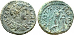 LYDIA. Saitta. Geta (Caesar, 198-209). Ae. 

Obv: Λ CEΠ ΓETAC K. 
Bareheaded and draped bust right.
Rev: CAITTHNΩN. 
Apollo standing left, leanin...