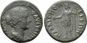 PISIDIA. Palaeopolis. Faustina II (147-175). Ae.. 

Obv: ΦΑVϹΤƐΙΝΑ ϹƐΒΑϹΤ. 
Draped bust right.
Rev: ΠΑΛΑΙΟΠΟΛƐΙΤΩΝ. 
Mên standing left, wearing P...