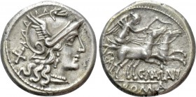 C. MAIANIUS. Denarius (153 BC). Rome. 

Obv: Helmeted head of Roma right; mark of value to left.
Rev: C MAIANI / ROMA. 
Victory driving biga right...