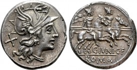 C. JUNIUS C. F. Denarius (149 BC). Rome. 

Obv: Helmeted head of Roma right; behind, mark of value (X).
Rev: C IVNI C F / ROMA. 
The Dioscuri gall...