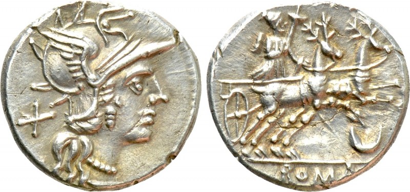 ROMAN REPUBLIC. Anonymous. Denarius (143 BC). Rome. 

Obv: Helmeted head of Ro...