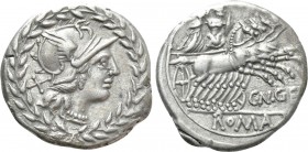 CN. GELLIUS. Denarius (138 BC). Rome. 

Obv: Helmeted head of Roma right, X (mark of value) to left; all within wreath.
Rev: CN GEL / ROMA. 
Mars,...