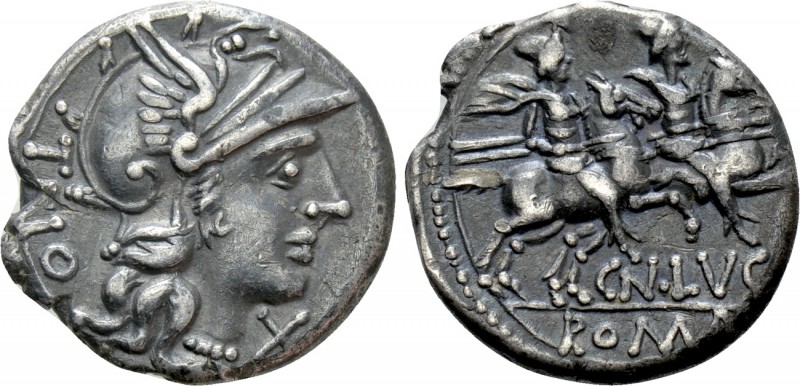 CN. LUCRETIUS TRIO. Denarius (136 BC). Rome. 

Obv: TRIO. 
Helmeted head of R...