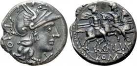 CN. LUCRETIUS TRIO. Denarius (136 BC). Rome. 

Obv: TRIO. 
Helmeted head of Roma right; X (mark of value) to lower right.
Rev: CN LVCR / ROMA. 
T...