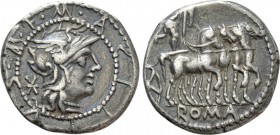 M. ACILIUS M.F. Denarius (130 BC). Rome. 

Obv: M ACILIVS M F. 
Helmeted head of Roma right; mark of value behind.
Rev: ROMA. 
Hercules driving q...