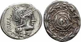 M. CAECILIUS Q.F. Q.N. METELLUS (127 BC). Denarius. Rome. 

Obv: ROMA. 
Helmeted head of Roma right; mark of value to lower right.
Rev: METELLVS Q...