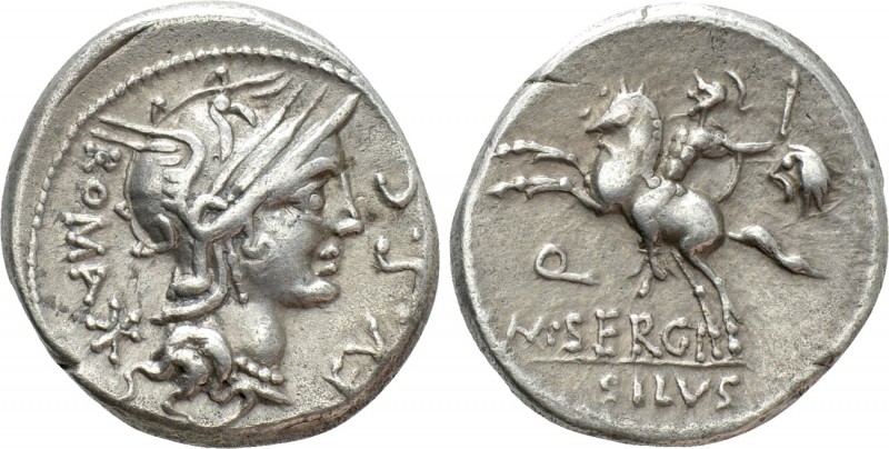 M. SERGIUS SILUS. Denarius (116-115 BC). Rome. 

Obv: ROMA EX S C. 
Helmeted ...