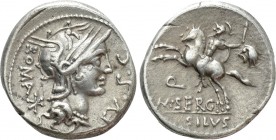 M. SERGIUS SILUS. Denarius (116-115 BC). Rome. 

Obv: ROMA EX S C. 
Helmeted head of Roma right; mark of value to left.
Rev: M SERGI / SILVS. 
Wa...