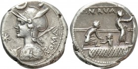 P. NERVA. Denarius (113-112 BC). Rome. 

Obv: ROMA. 
Helmeted bust of Roma left, holding spear and shield; crescent above, star to left.
Rev: NERV...