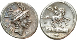 L. MARCIUS PHILIPPUS. Denarius (112 or 113 BC). Rome. 

Obv: Head of Philip V of Macedon right, wearing diademed royal Macedonian helmet with goat h...