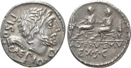 L. CALPURNIUS PISO CAESONIUS and Q. SERVILIUS CAEPIO. Denarius (100 BC). Rome. 

Obv: PISO CAEPIO Q. 
Laureate head of Saturn right; harpa to left;...