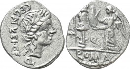 C. EGNATULEIUS C. F. Quinarius (97 BC). Rome. 

Obv: C EGNATVLEI C F. 
Laureate head of Apollo right.
Rev: Q / ROMA. 
Victory standing left, erec...