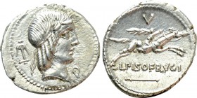 L. CALPURNIUS PISO FRUGI. Denarius (90 BC). Rome. 

Obv: Laureate head of Apollo right; anchor to left, control to right.
Rev: L PISO FRVGI. 
Warr...