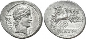 C. VIBIUS C. F. PANSA. Denarius (90 BC). Rome. 

Obv: PANSA. 
Laureate head of Apollo right; uncertain symbol to lower right.
Rev: C VIBIVS C F. ...