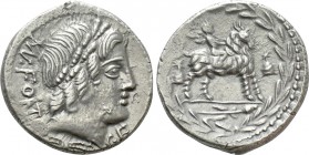 MN. FONTEIUS C. F. Denarius (85 BC). Rome. 

Obv: M FONTEI C F. 
Laureate head of Apollo right.
Rev: Eros riding goat right; flanked by two pilei ...