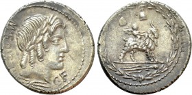 MN. FONTEIUS C.F. Denarius (85 BC). Rome. 

Obv: MN FONTEI C F. 
Laureate head of Apollo-Vejovis right; thunderbolt below.
Rev: Cupid riding goat ...