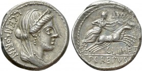 P. CREPUSIUS, C. LIMETANUS L. CENSORINUS. Denarius (82 BC). Rome. 

Obv: L CENSORIN. 
Diademed, veiled and draped bust right.
Rev: C LIMETA / P CR...