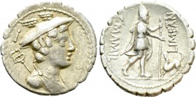 C. MAMILIUS LIMETANUS. Serrate Denarius (82 BC). Rome. 

Obv: Draped bust of Mercury right, wearing petasus; to left, control letter I above caduceu...