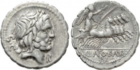 Q. ANTONIUS BALBUS. Serrate Denarius (83-82 BC). Rome. 

Obv: S•C. 
Laureate head of Jupiter right; control mark to lower right.
Rev: Q ANTO BALB ...