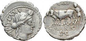 C. MARIUS C. F. CAPITO. Serrate Denarius (81 BC). Rome. 

Obv: CAPIT XXV. 
Draped bust of Ceres, wearing grain wreath; symbol unclear (?) to lower ...
