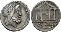 M. VOLTEIUS M.F. Denarius (75 BC). Rome. 

Obv: Laureate head of Jupiter right.
Rev: M VOLTEIVS. 
Tetrastyle temple of Jupiter Capitolinus, with w...