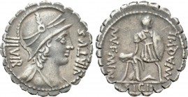 MN. AQUILIUS MN.F. MN.N. Serrate Denarius (65 BC). Rome. 

Obv: VIRTVS III VIR. 
Helmeted and draped bust of Virtus right.
Rev: MN F MN N / MN AQV...