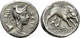C. HOSIDIUS C.F. GETA. Serrate Denarius (64 BC). Rome. 

Obv: III VIR / GETA. 
Diademed and draped bust of Diana right, with bow and quiver over sh...