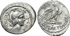 M. PLAETORIUS M.F. CESTIANUS. Denarius (57 BC). Rome. 

Obv: CESTIANVS / S C. 
Helmeted, laureate and draped bust of Vacuna right, with bow and qui...
