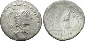 L. ROSCIUS FABATUS. Imitative Denarius (59 BC).

Obv: L ROSCI.
Head of Juno Sospita right, wearing goat skin headdress; branch behind.
Rev: FABATI...