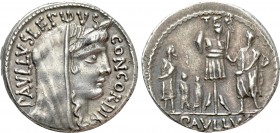 L. AEMILIUS LEPIDUS PAULLUS. Denarius (62 BC). Rome. 

Obv: PAVLLVS LEPIDVS CONCORDIA. 
Diademed and veiled bust of Concordia right.
Rev: TER / PA...