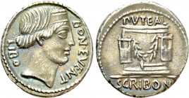 L. SCRIBONIUS LIBO. Denarius (62 BC). Rome. 

Obv: BON EVENT / LIBO. 
Diademed head of Bonus Eventus right.
Rev: PVTEAL / SCRIBON. 
Puteal Scribo...