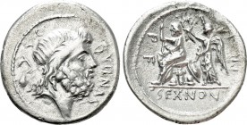 M. NONIUS SUFENAS. Denarius (57 BC). Rome. 

Obv: SVFENAS S C. 
Bearded head of Saturn right; harpa and baetylus to left.
Rev: SEX NONI / PR L V P...