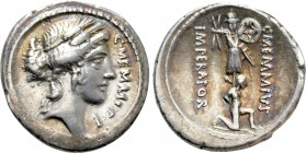 C. MEMMIUS C.F. Denarius (56 BC). Rome. 

Obv: C MEMMI C F. 
Head of Ceres right, wearing wreath of grain ears.
Rev: C MEMMIVS / IMPERATOR. 
Boun...