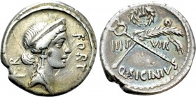Q. SICINIUS. Denarius (49 BC). Rome. 

Obv: FORT P R. 
Diademed head of Fortuna Populi Romani right.
Rev: III VIR / Q SICINIVS. 
Palm frond and w...
