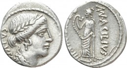 MAN. ACILIUS GLABRIO. Denarius (49 BC). Rome. 

Obv: SALVTIS. 
Laureate head of Salus right.
Rev: MN ACILIVS / III VIR VALETV. 
Valetudo standing...