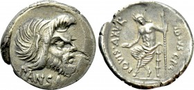 C. VIBIUS C.F. CN. PANSA CAETRONIANUS. Denarius (48 BC). Rome. 

Obv: PANSA. 
Mask of Pan right.
Rev: C VIBIVS C F CN IOVIS AXVR. 
Jupiter Axurus...