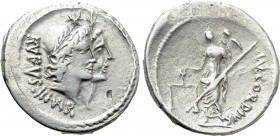 MN. CORDIUS RUFUS. Denarius (46 BC). Rome. 

Obv: RVFVS III VIR. 
Jugate busts of the Dioscuri right, wearing pilei surmounted by stars.
Rev: MN C...