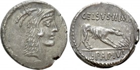 L. PAPIUS CELSUS. Denarius (45 BC). Rome. 

Obv: Head of Juno Sospita right, wearing goat skin headdress.
Rev: CELSVS III VIR / L PAPIVS . 
Lupa s...