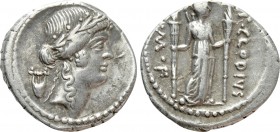 P. CLODIUS M.F. TURRINUS. Denarius (42 BC). Rome. 

Obv: Laureate head of Apollo right; lyre to left.
Rev: P CLODIVS / M F. 
Diana standing right,...