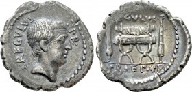 L. LIVINEIUS REGULUS. Denarius (42 BC). Rome. 

Obv: L REGVLVS / PR. 
Bare head right.
Rev: REGVLVS F / PRAEF VR. 
Curule chair, with single fasc...
