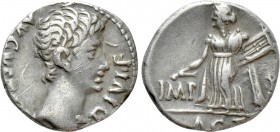 AUGUSTUS (27 BC-14 AD). Denarius. Lugdunum. 

Obv: AVGVSTVS DIVI F. 
Bare head right.
Rev: IMP - X / ACT. 
Apollo Citharoedus of Actium standing ...