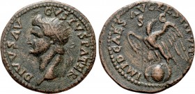 DIVUS AUGUSTUS (Died 14). Restitution issue under Titus (79-81). As. Rome. 

Obv: DIVVS AVGVSTVS PATER. 
Radiate head left.
Rev: IMP D CAES AVG RE...
