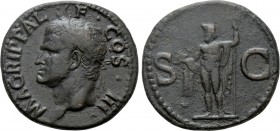 AGRIPPA (Died 12 BC). As. Rome. Struck under Caligula (37-41). 

Obv: M AGRIPPA L F COS III. 
Head left, wearing rostral crown.
Rev: S - C. 
Nept...