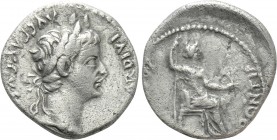 TIBERIUS (14-37). Denarius. Lugdunum. "Tribute Penny" type. 

Obv: TI CAESAR DIVI AVG F AVGVSTVS. 
Laureate head right.
Rev: PONTIF MAXIM. 
Livia...